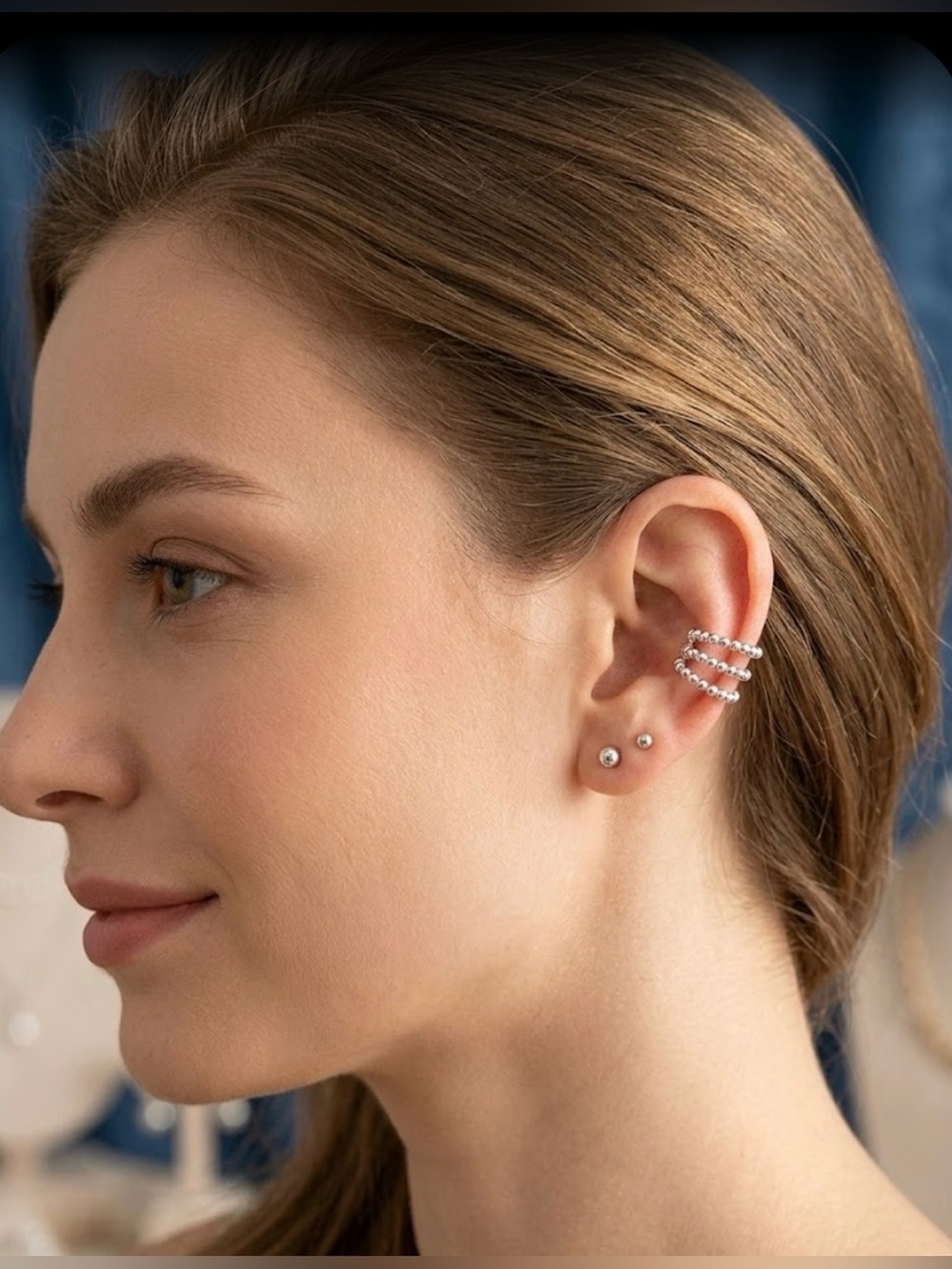 Sterling Silver Triple Beaded Ear Cuff - Silver